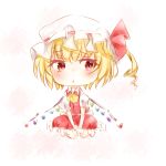  1girl :t ascot averted_eyes blonde_hair chibi facing_viewer flandre_scarlet hands_in_lap hat hat_ribbon mob_cap ookamisama pout puffy_short_sleeves puffy_sleeves red_eyes ribbon rough seiza short_hair short_sleeves side_ponytail simple_background sitting skirt skirt_set solo touhou white_background wings 