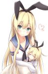  2girls ^_^ aqua_eyes bare_shoulders blonde_hair closed_eyes commentary_request elbow_gloves gloves hair_ribbon heart highres if_they_mated kantai_collection long_hair looking_at_viewer mother_and_daughter multiple_girls neckerchief personification ribbon saku_(kudrove) shimakaze_(kantai_collection) smile 