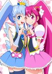  2girls aino_megumi blue_eyes blue_hair cheek-to-cheek crown cure_lovely cure_princess happinesscharge_precure! heart heart_hands heart_hands_duo long_hair looking_at_viewer magical_girl multiple_girls open_mouth pink_eyes pink_hair ponytail precure shirayuki_hime smile thighhighs third_love twintails wink 