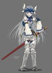  1girl armor armored_dress blue_eyes grey_hair helmet jane_mere log_horizon long_hair reinesia_el_arte_cowen solo sword weapon winged_helmet 