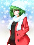  1girl alternate_costume green_hair hands_in_pockets hane_(hanegoya) hat kazami_yuuka looking_at_viewer open_clothes open_jacket open_mouth red_eyes scarf shirt skirt smile snowing solo touhou winter winter_clothes 