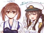  2girls alternate_hairstyle armor brown_eyes brown_hair closed_eyes crossed_arms female_admiral_(kantai_collection) gloves hair_ribbon hat japanese_clothes kaga_(kantai_collection) kantai_collection multiple_girls muneate naval_uniform open_mouth personification ribbon rurinrin translated twintails v 
