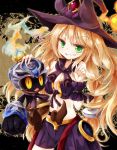  1girl blonde_hair breasts character_request cleavage copyright_request eyelashes green_eyes grin happy harapekopikachu hat long_hair looking_at_viewer smile solo tagme witch witch_hat wrist_cuffs 
