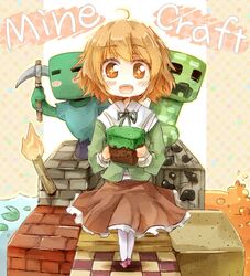  1boy ahoge blush brown_eyes brown_hair copyright_name creeper crossover dangan_ronpa english fujisaki_chihiro green_shirt happy harapekopikachu looking_at_viewer male minecraft open_mouth pickaxe shirt shoes skirt smile solo torch trap white_legwear zombie_(minecraft) 