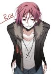  1boy character_name cross cross_necklace free! grin jaenbba jewelry looking_at_viewer male matsuoka_rin necklace open_clothes open_jacket smile solo white_background 