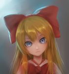  1girl bai_yemeng blonde_hair blue_eyes bow bust close-up doll face hair_bow head_tilt highres light_smile long_hair looking_at_viewer revision shanghai_doll solo touhou 
