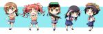  5girls backpack bag black_hair brown_eyes brown_hair chibi closed_eyes empty_eyes flower green_eyes gun hair_flower hair_ornament head_mounted_display head_wreath long_hair misaka_imouto misaka_mikoto multiple_girls nadra rifle saten_ruiko school_uniform serafuku shirai_kuroko short_hair to_aru_kagaku_no_railgun to_aru_majutsu_no_index twintails uiharu_kazari weapon 