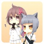  2girls animal_ears arm_warmers brown_eyes cat_ears chibi female_admiral_(kantai_collection) grey_hair kantai_collection kasumi_(kantai_collection) kouji_(campus_life) lowres multiple_girls 