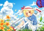  1girl apron blonde_hair blue_dress blue_sky clouds dress elbow_gloves flower gloves grass hat hat_ribbon highres kana_anaberal looking_at_viewer open_mouth puffy_sleeves ribbon road_sign short_sleeves sign sisterakuma sitting sky solo touhou touhou_(pc-98) white_background yellow_eyes 
