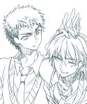  2boys character_request copyright_request hand_on_another&#039;s_head jaenbba male monochrome multiple_boys necktie white_background 