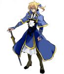  1boy aho-no-ryouiki blonde_hair blue_eyes bridal_gauntlets capelet greaves guilty_gear guilty_gear_xrd ky_kiske planted_sword planted_weapon ponytail solo sword weapon 