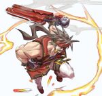 brown_hair fingerless_gloves forehead_protector gloves guilty_gear guilty_gear_xrd king_of_unlucky mouth_hold multiple_belts muscle ponytail reverse_grip shotgun_shells sleeveless sol_badguy solo sword weapon 