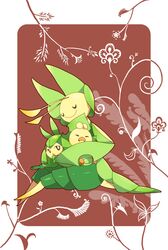  antenna_hair ayumu3 black_eyes closed_eyes fangs hug leaf leavanny no_humans open_mouth pokemon pokemon_(creature) pokemon_(game) pokemon_bw sewaddle sitting smile swadloon tail 