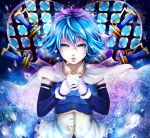  arm_warmers blue_eyes blue_hair blush cape gloves hands_clasped heart magical_girl mahou_shoujo_madoka_magica miki_sayaka pesoko short_hair skirt stained_glass sword tears water_drop weapon white_gloves 