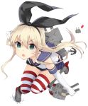  &gt;_&lt; 1girl @_@ anchor blonde_hair directional_arrow elbow_gloves gloves green_eyes hair_ornament hair_ribbon highres kantai_collection kou_mashiro long_hair looking_at_viewer machinery microskirt open_mouth panties personification rensouhou-chan ribbon shimakaze_(kantai_collection) skirt socks solo striped striped_legwear thighhighs triangle_mouth turret underwear 