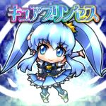  1girl arm_up black_legwear blue_background blue_dress blue_eyes blue_hair character_name chibi crown cure_princess dress happinesscharge_precure! long_hair mini_crown nekoyuu payot precure shirayuki_hime shoes skirt smile solo thighhighs twintails wrist_cuffs 