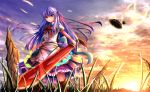  1girl blue_hair boots bow clouds cross-laced_footwear ddfftasogare food fruit grass hat hat_removed headwear_removed highres hinanawi_tenshi lens_flare long_hair peach puffy_sleeves red_eyes rock shirt short_sleeves skirt smile solo sunset sword_of_hisou touhou very_long_hair wind 