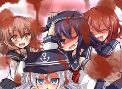  4girls ^_^ akatsuki_(kantai_collection) blood blue_eyes blush brown_eyes brown_hair bust closed_eyes empty_eyes fang folded_ponytail hair_ornament hairclip hat hibiki_(kantai_collection) ikazuchi_(kantai_collection) inazuma_(kantai_collection) kantai_collection long_hair looking_at_viewer miyamaru multiple_girls open_mouth personification school_uniform serafuku shaded_face short_hair silver_hair skirt smile triangle_mouth wink 