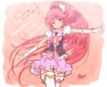  1girl aino_megumi boots cure_lovely gloves hair_ornament happinesscharge_precure! long_hair magical_girl outstretched_arms pink_eyes pink_hair ponytail precure ryou_(shirotsumesou) skirt smile solo spread_arms thigh_boots thighhighs wink 
