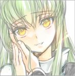  1girl c.c. code_geass creayus green_hair hand_on_another&#039;s_face head_tilt long_hair looking_at_viewer lowres pov rough smile solo_focus yellow_eyes 