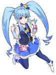  1girl :&lt; blue_eyes blue_hair blue_legwear blue_skirt brooch crown cure_princess earrings happinesscharge_precure! ishimu jewelry long_hair magical_girl mini_crown necktie payot precure shirayuki_hime shoes skirt solo thighhighs twintails white_background wrist_cuffs 