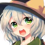  1girl green_eyes hat heart heart-shaped_pupils komeiji_koishi looking_at_viewer lowres open_mouth paragasu_(parags112) short_hair silver_hair simple_background solo symbol-shaped_pupils touhou white_background 