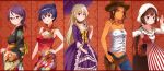  5girls blonde_hair blue_hair blush bow breasts brown_eyes brown_hair china_dress chinese_clothes choe_myeong_hwa choker cleavage cowboy_hat dark_skin dress frilled_dress frills glasses hairband hand_on_hip hao_huiyu hat highres holding holster japanese_clothes jeans kimono leikangmin long_hair long_sleeves looking_at_viewer megan_davin multiple_girls nelly_virsaladze off_shoulder ponytail purple_dress purple_hair saki short_hair smile standing tsujigaito_satoha umbrella violet_eyes 