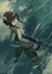  1girl animal_ears artist_name brown_eyes brown_hair clouds dark dated flying highres kanokoga military military_uniform neuroi short_hair solo strike_witches striker_unit tail takei_junko type_99_cannon uniform 