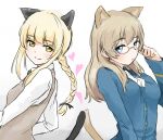  2girls alternate_hairstyle animal_ears bespectacled blonde_hair blue_eyes braid brown_hair cat_ears cat_tail cosplay costume_switch glasses glasses_removed hair_ribbon heart highres kento1102 looking_at_viewer lynette_bishop lynette_bishop_(cosplay) military military_uniform multiple_girls perrine_h_clostermann perrine_h_clostermann_(cosplay) ribbon smile strike_witches tail uniform yellow_eyes 