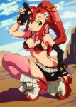  1girl bikini_top boots breasts butt_crack cleavage fingerless_gloves gloves gun hair_ornament kneeling long_hair ponytail redhead scarf short_shorts shorts skull_hair_ornament solo tengen_toppa_gurren_lagann thighhighs walrus-ruin weapon yellow_eyes yoko_littner 