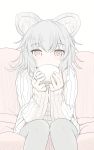  1girl animal_ears brown_eyes couch cup drinking grey_hair highres ishikkoro long_sleeves looking_at_viewer mouse_ears naked_sweater nazrin ribbed_sweater solo sweater teacup touhou 