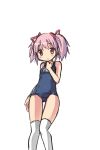  1girl blush hair_ribbon knees_together kyabechi mahou_shoujo_madoka_magica pink_eyes pink_hair ribbon school_swimsuit short_twintails simple_background solo swimsuit thigh_gap thighhighs translation_request twintails white_background 