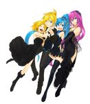  1boy 3girls arched_back belt black_dress black_legwear blonde_hair blue_eyes blue_hair boots bridal_gauntlets closed_eyes colored_eyelashes conga_line detached_sleeves dress elbow_gloves eyelashes fingernails formal gloves hands_on_another&#039;s_hips hatsune_miku headphones high_heels high_ponytail kagamine_len kagamine_rin laughing leaning_on_person lips long_hair long_ponytail looking_at_viewer megurine_luka multiple_girls nail_polish open_mouth pink_hair pink_nails poaro print_legwear shoes short_dress short_hair shoulderless_dress siblings side_slit simple_background smile strapless_dress suit texture thighhighs tiara very_long_hair vocaloid white_background wide_sleeves wrist_cuffs zettai_ryouiki 