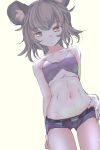  1girl alternate_costume animal_ears belt brown_eyes collarbone grey_hair hand_on_hip highres ishikkoro jewelry looking_at_viewer midriff mouse_ears navel nazrin ring short_shorts shorts simple_background solo touhou tubetop white_background 