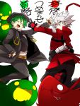  2boys blazblue dead_spike green_hair hazama jacket kuro_yuzu multiple_boys ragna_the_bloodedge red_jacket silver_hair 