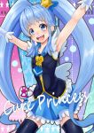  1girl armpits arms_up black_legwear blue_eyes blue_hair character_name crown cure_princess happinesscharge_precure! long_hair looking_at_viewer magical_girl open_mouth precure shirayuki_hime skirt solo thighhighs twintails yakan_7 