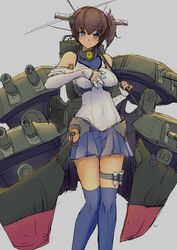  1girl ammunition bare_shoulders between_fingers blush brown_eyes brown_hair cosplay hair_ornament ishikkoro kaga_(kantai_collection) kantai_collection looking_at_viewer personification short_hair side_ponytail skirt solo thighhighs yamato_(kantai_collection) yamato_(kantai_collection)_(cosplay) 