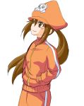 1girl brown_eyes brown_hair casual guilty_gear hands_in_pockets hat long_hair may_(guilty_gear) pirate_hat ponkotsu ponytail smile solo track_suit 