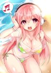  1girl beach bikini bikini_under_clothes breasts cleavage headphones large_breasts long_hair musical_note nitroplus open_mouth paragasu_(parags112) pink_eyes pink_hair side-tie_bikini solo super_sonico swimsuit 