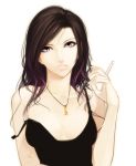  1girl black_nails breasts brown_eyes bust cigarette cleavage eyelashes facing_viewer hand_up head_tilt highres lips looking_at_viewer multicolored_hair nail_polish original poaro signature simple_background solo strap_slip streaked_hair violet_eyes white_background 
