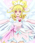  1girl aida_mana angel_wings arm_warmers blonde_hair bow brooch cape choker colored_eyelashes cure_heart cure_heart_parthenon_mode curly_hair dokidoki!_precure earrings half_updo headdress highres jewelry long_hair magical_girl outstretched_arms pink_eyes precure ribbon skirt smile solo sougetsu_ayu spread_arms white_wings wings 
