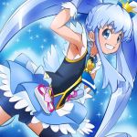  1girl armpits blue_background blue_eyes blue_hair crown cure_princess earrings hand_on_hip happinesscharge_precure! haruyama_kazunori jewelry long_hair magical_girl precure shirayuki_hime shorts solo thighhighs twintails 