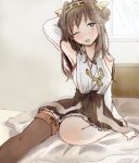  1girl bed bed_sheet blue_eyes brown_hair detached_sleeves hair_ornament highres japanese_clothes kantai_collection kongou_(kantai_collection) long_hair sleepy solo thighhighs wink xxx-momose69 
