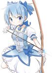  1girl alternate_costume arrow blue_eyes blue_hair bow bow_(weapon) dress gloves hair_bow kaname_madoka_(cosplay) magical_girl mahou_shoujo_madoka_magica miki_sayaka short_twintails simple_background solo soul_gem twintails u_u_(mooooooou) weapon white_background 