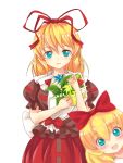  1girl blonde_hair blouse blue_eyes blurry bouquet bow depth_of_field flower hair_bow hair_ribbon looking_at_viewer medicine_melancholy object_hug photobomb puffy_short_sleeves puffy_sleeves ribbon short_hair short_sleeves simple_background skirt smile solo su-san touhou white_background x&amp;x&amp;x 