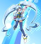  1girl arm_up black_legwear blue blue_background blue_dress blue_eyes blue_hair crown cure_princess dress happinesscharge_precure! iruka-margarine long_hair magical_girl mini_crown necktie payot precure shirayuki_hime shoes skirt smile solo thighhighs twintails wrist_cuffs 