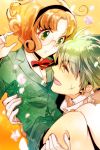 1boy 1girl black_hairband blazer bowtie brown_hair carrying closed_eyes couple earrings ferio_(rayearth) glasses green_eyes green_hair hairband hetero hououji_fuu iyutani jewelry magic_knight_rayearth parted_bangs petals princess_carry scar short_hair smile surprised yellow_background