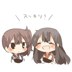  2girls akagi_(kantai_collection) black_eyes blush brown_hair chibi closed_eyes kaga_(kantai_collection) kantai_collection long_hair lowres multiple_girls open_mouth rebecca_(keinelove) short_hair side_ponytail smile 