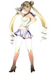  1girl arm_up bare_shoulders bishoujo_senshi_sailor_moon blonde_hair blue_eyes boots choker dodai_shouji double_bun earrings elbow_gloves gloves hair_ornament hand_on_hip highleg highleg_panties highres jewelry knee_boots long_hair looking_back magical_girl panties sailor_collar sailor_moon skirt solo tiara tsukino_usagi twintails underwear v 