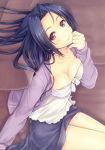  1girl absurdres blazer blue_hair breasts cleavage couch highres idolmaster k.y_ko lying miura_azusa pinky_out short_hair skirt smile violet_eyes 